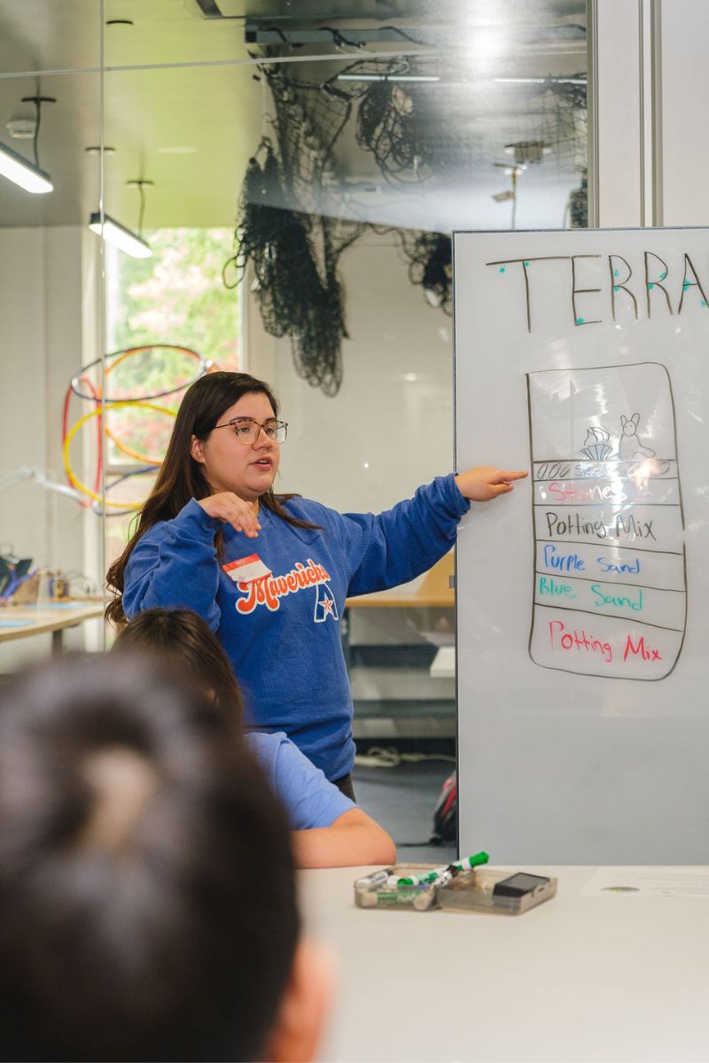 College of Education student pointing at whiteboard