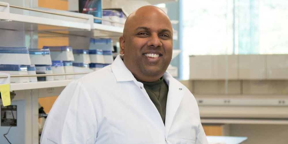 Photo of UTA faculty member Venu Varanasi in a lab coat and posing in a lab." _languageinserted="true