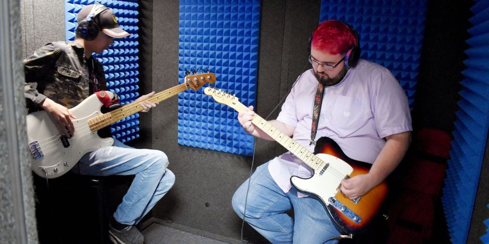 Student band, Party on Mars, recoding in The Studios at the UTA Library