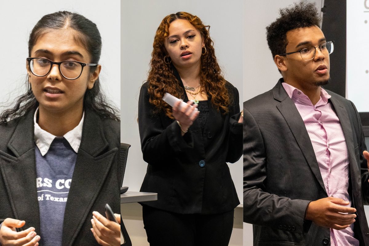 Combined photo of three students presenting at the TExBioMed health informatics summer consortium. " _languageinserted="true