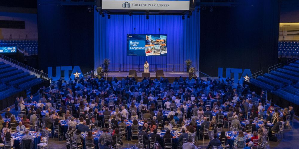 UTA President Jennifer Cowley address College Park Center crowd