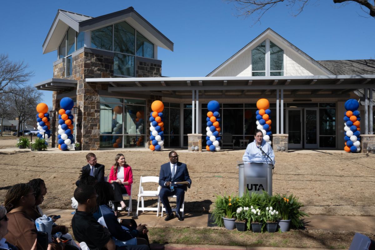 President Jennifer Cowley at the Fraternity and Sorority Community Center Ribbon Cutting
