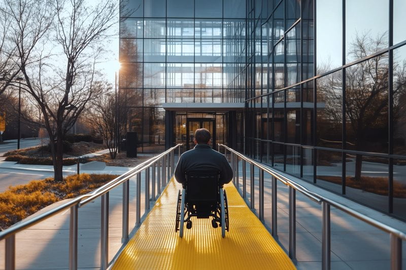 Image shows a person in a wheelchair heading inside a building