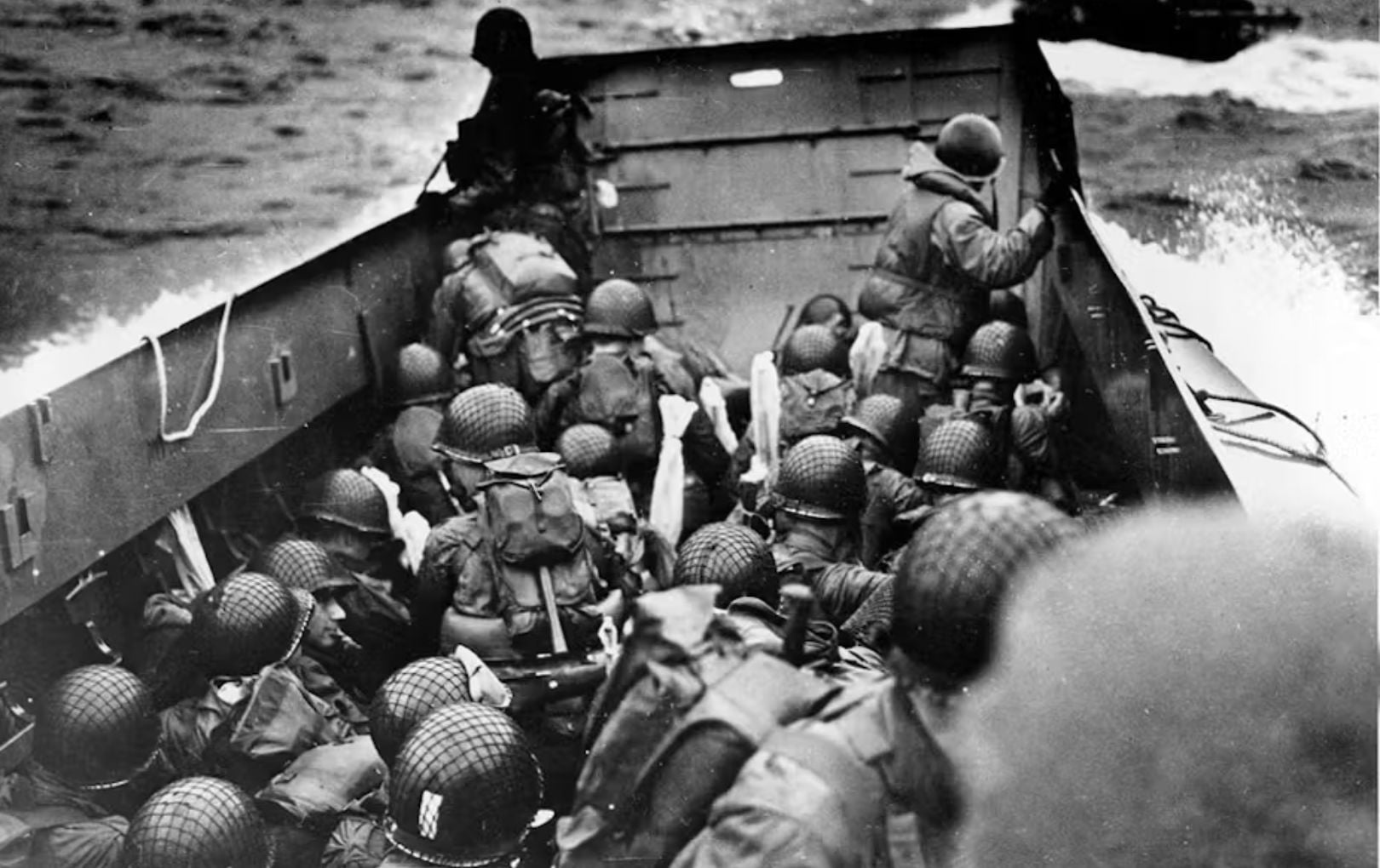 Members of E Company of the 16th Infantry Regiment approach the Normandy beaches in the first wave of the D-Day invasion. National Park Service