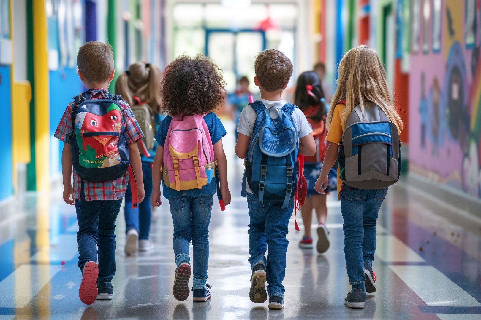 Image shows four students with their backs turned walking through a school hallway