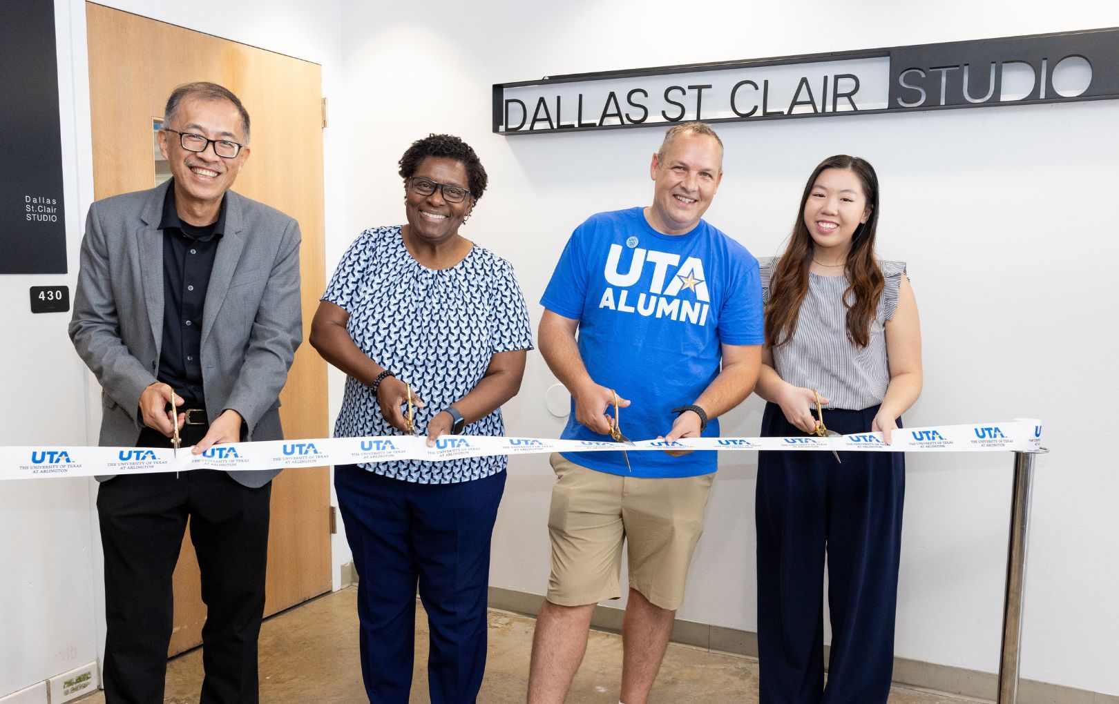 Dean Ming-Han Li, Provost Tamara Brown, Dallas St. Clair, President of AIAS-UTA Elisa Ng.