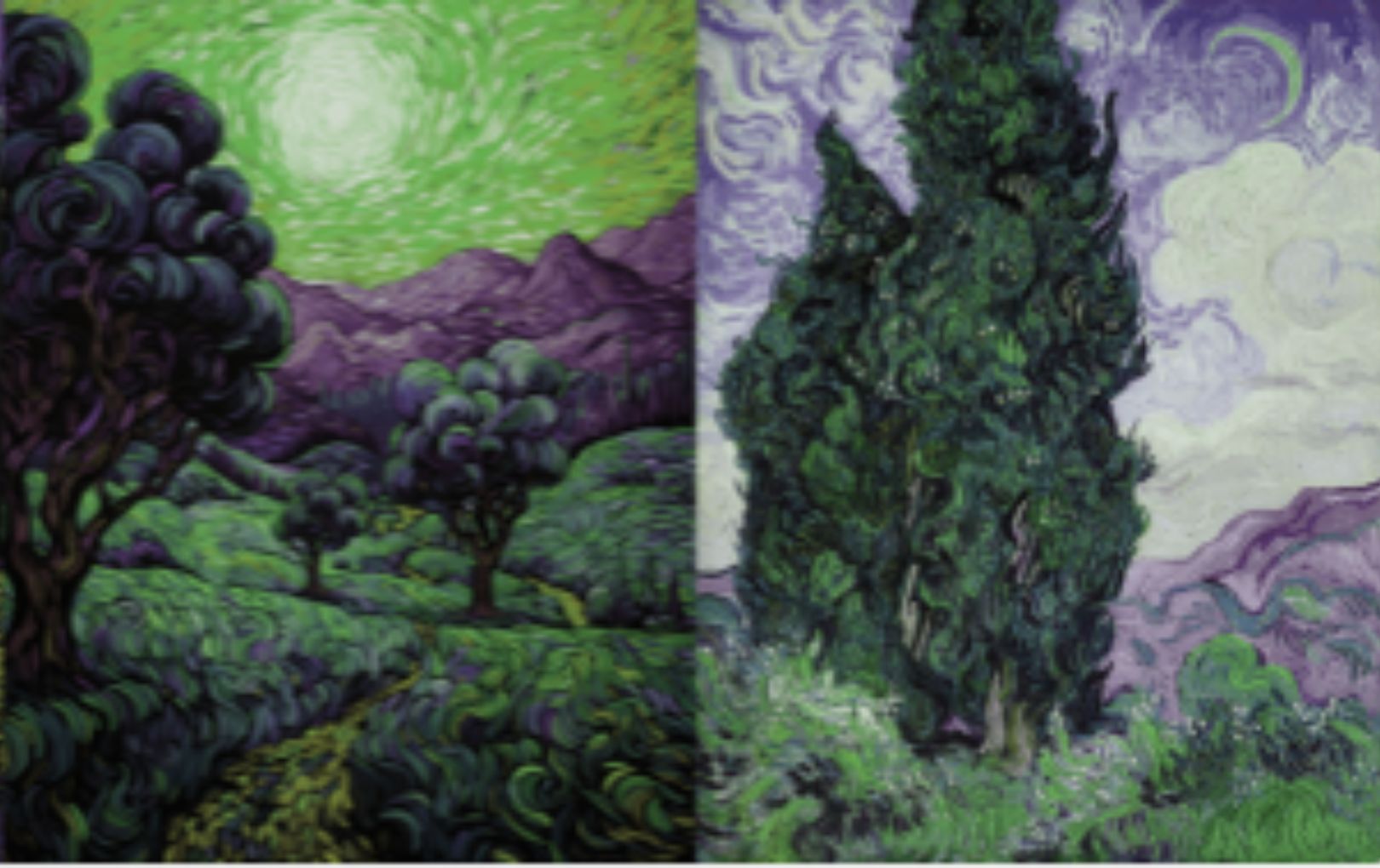AI generated image next to Van Gogh Cypresses