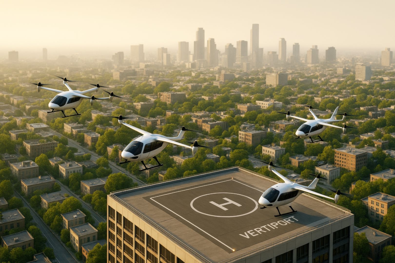 Image shows a flying taxi vertiport rendering
