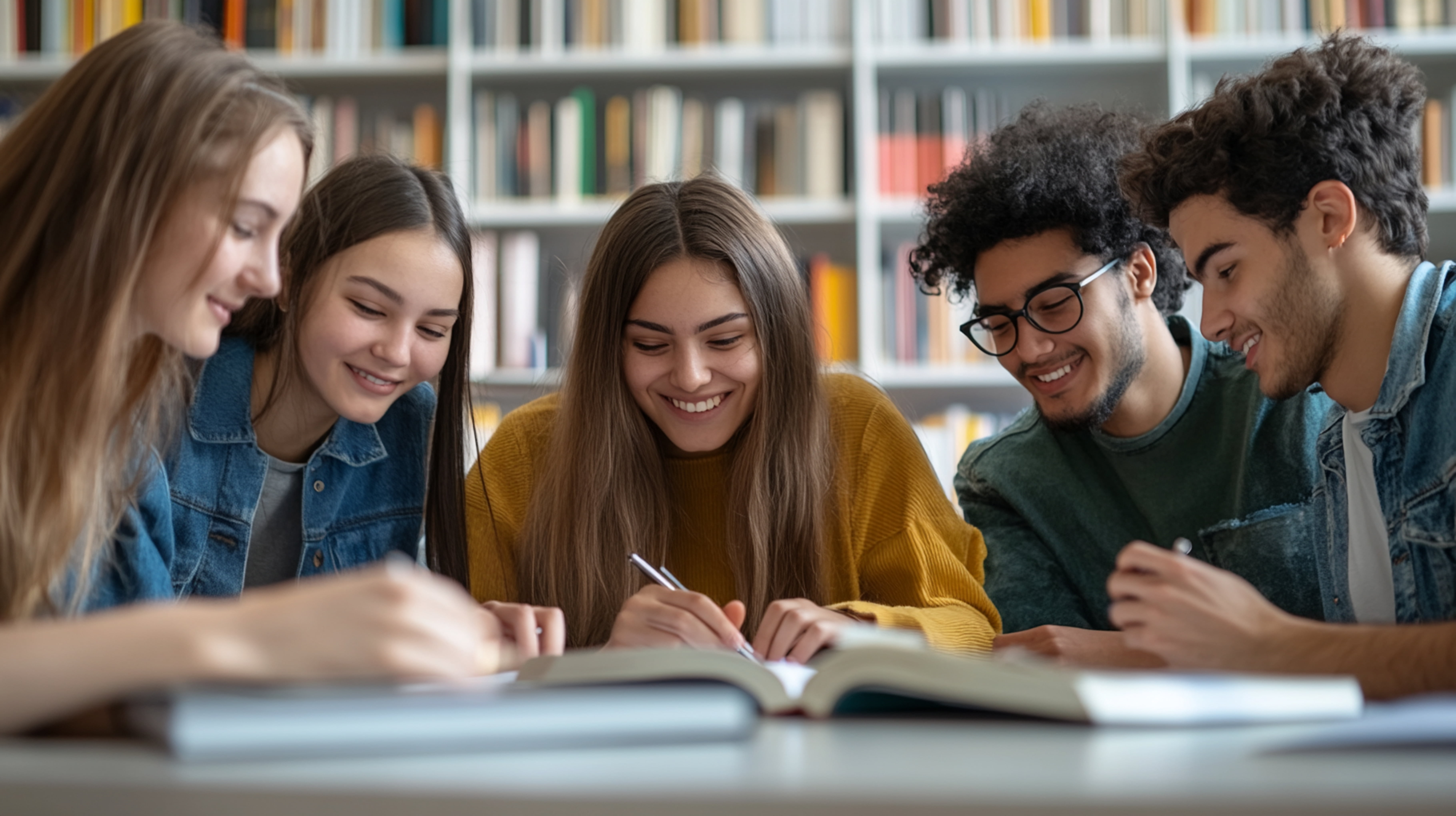 Five students smile while studying together at a table. Open books and notebooks are scattered in front of them.