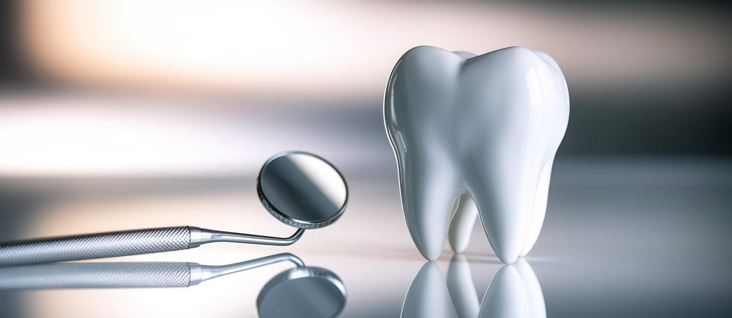 A shiny, realistic white tooth model beside a dental mirror on a reflective surface, symbolizing dental care and health.
