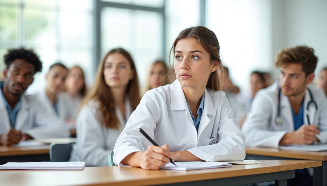 A diverse group of focused medical students in white coats sit at desks, attentively listening and taking notes in a bright classroom setting.
