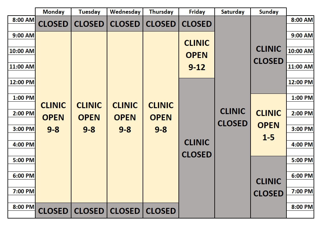 A grid showing the Fall and Spring semester math clinic schedule. Monday through Thursday 9 a m to 8 p m, Friday 9 a m to noon, and Sunday 1 p m to 5 p m.