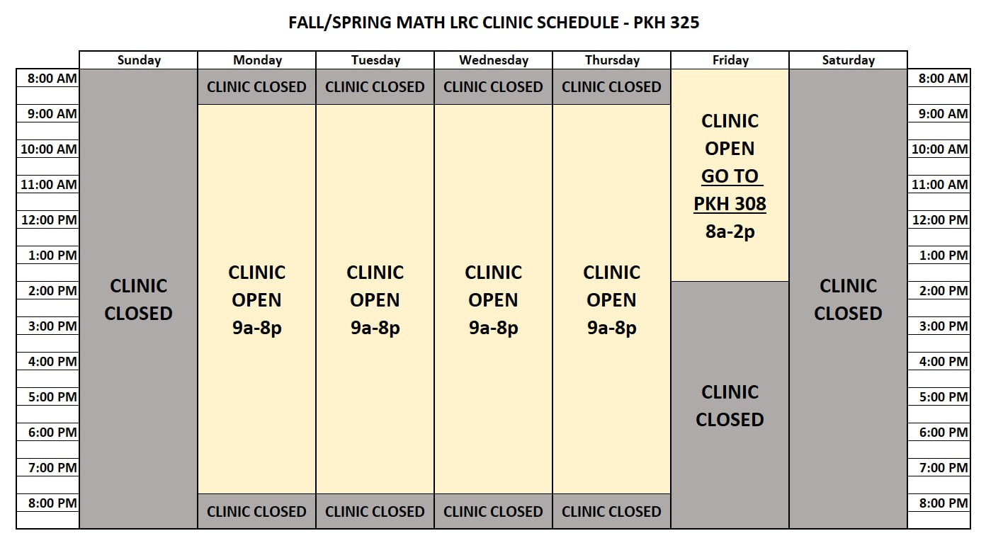The Fall and Spring semester math clinic schedule: Monday through Thursday 9 a m to 8 p m in P K H 325, Friday 8 a m to 2 p m in P K H 308, closed on Saturday and Sunday.