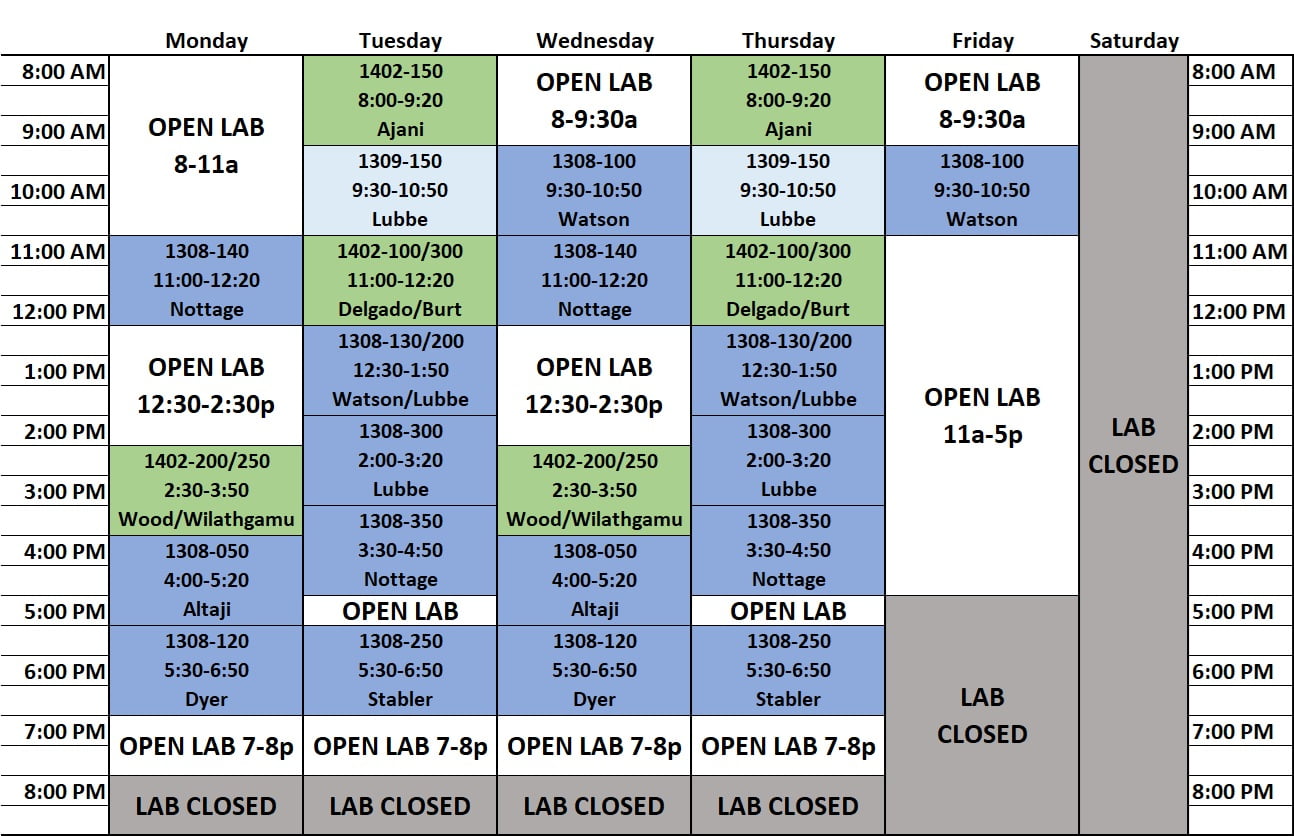 Weekly Schedule showing the times the lab is open in between classes; Open Mondays 8 am - 11; 12:30 pm - 2:30 pm, and 7 pm to 8 pm; Tuesdays 7 pm to 8 pm; Wednesdays 8 am to 9:30 am; 12:30 - 2:30 pm; 7 pm to 8 pm; Thursday 7 pm to 8 pm; Friday 8 am to 9:30 am and 11 am to 5 pm. Lab is closed on the weekends. 