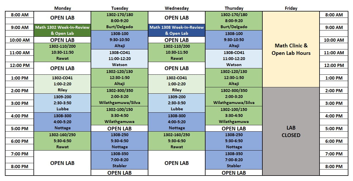 The Math Computer Lab P K H 308 has open lab hours Mondays and Wednesdays 8 a m to 10:30 a m, noon to 1 p m, and 7 p m to 9 p m, and Fridays 8 a m to 2 p m.
