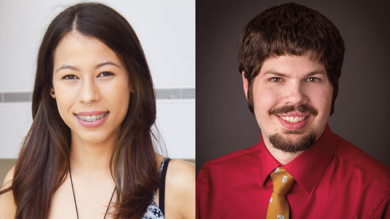 Photo collage of Marialis Rosario-Franco, UTA Ph.D. student in physics, left, and Billy Quarles, UTA Ph.D. graduate in physics.