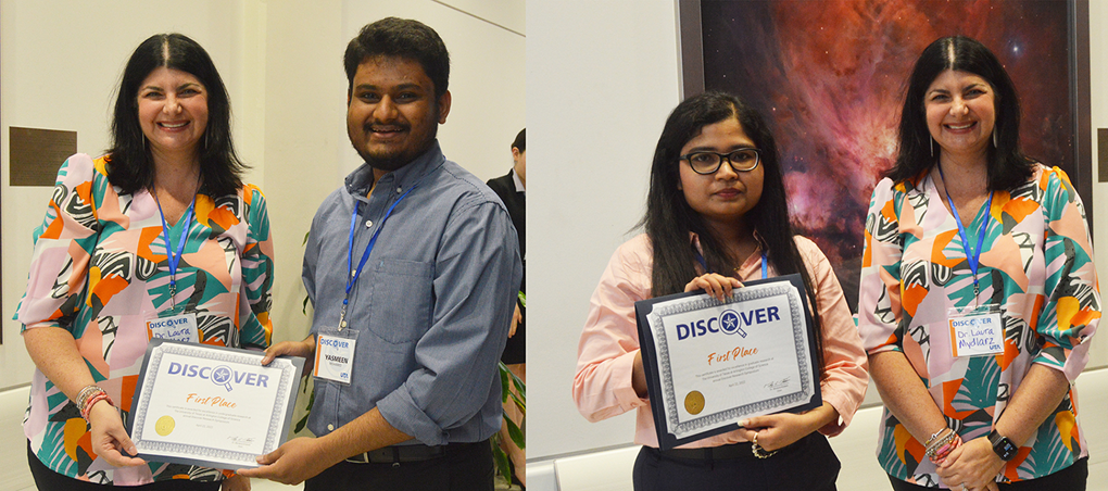 Receiving DISCOVER symposium first-place awards from Associate Dean Laura Mydlarz are Rushikesh Patil, left (undergraduate division), and Prarthana Guha (graduate division).