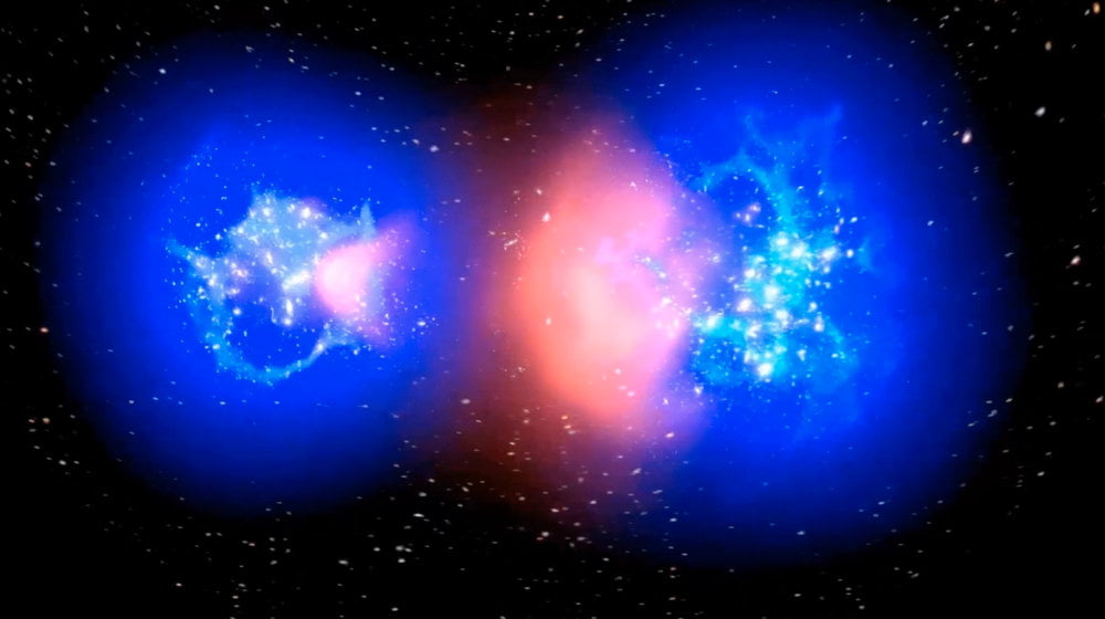 A computerized rendering shows the distribution of dark matter as two galaxy clusters collide. (Photo courtesy of Phantom of the Universe)