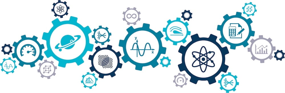 blue and white image with various gears, math, and science symbols