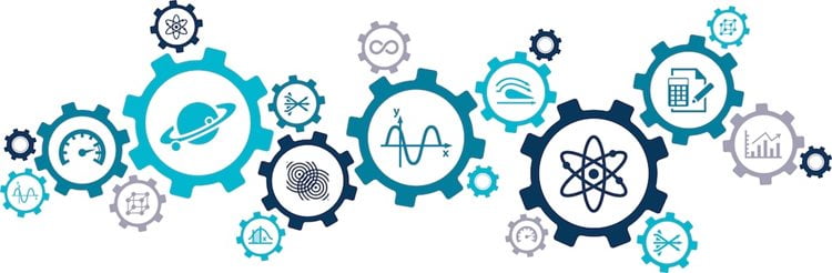 blue and white image with various gears, math, and science symbols