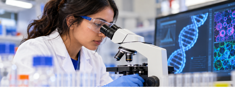 woman looking into a microscope wearing a lab coat