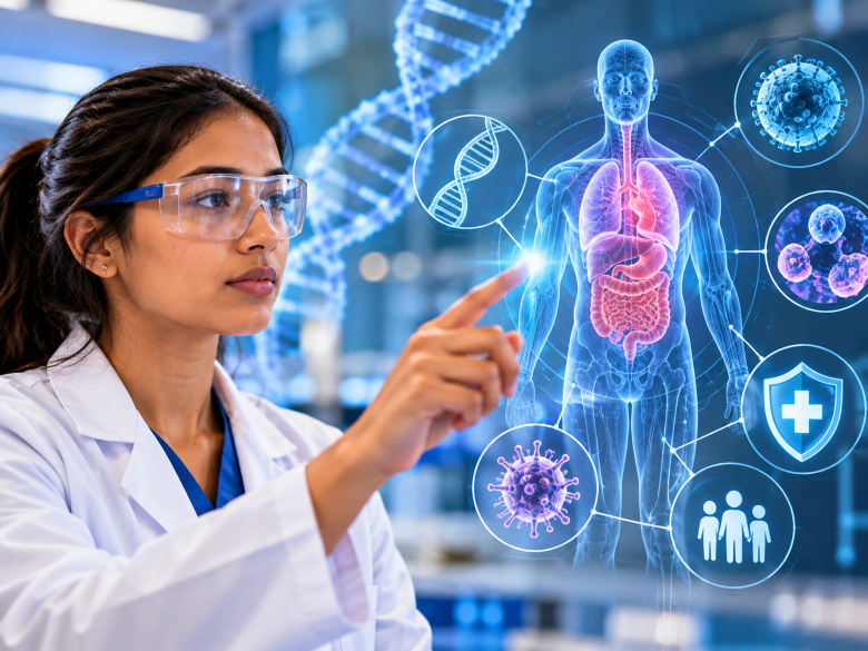 woman in a lab coat pointing to a digital display of the human body 