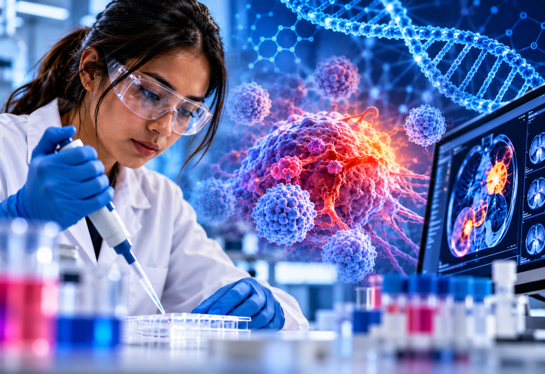Female scientist wearing safety glasses and gloves uses a pipette in a laboratory, with digital illustrations of cancer cells, DNA strands, and medical imaging in the background.