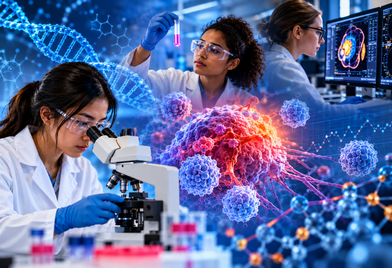 Three female scientists conduct laboratory research using a microscope, test tubes, and computer imaging, surrounded by digital illustrations of cancer cells, DNA strands, and molecular structures.