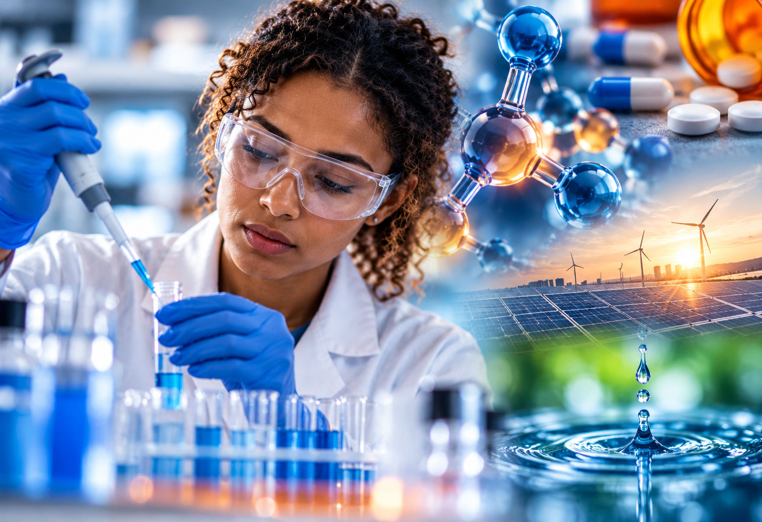 A scientist wearing safety goggles and blue gloves uses a pipette in a laboratory, surrounded by imagery of molecular structures, medications, solar panels, wind turbines, and water.