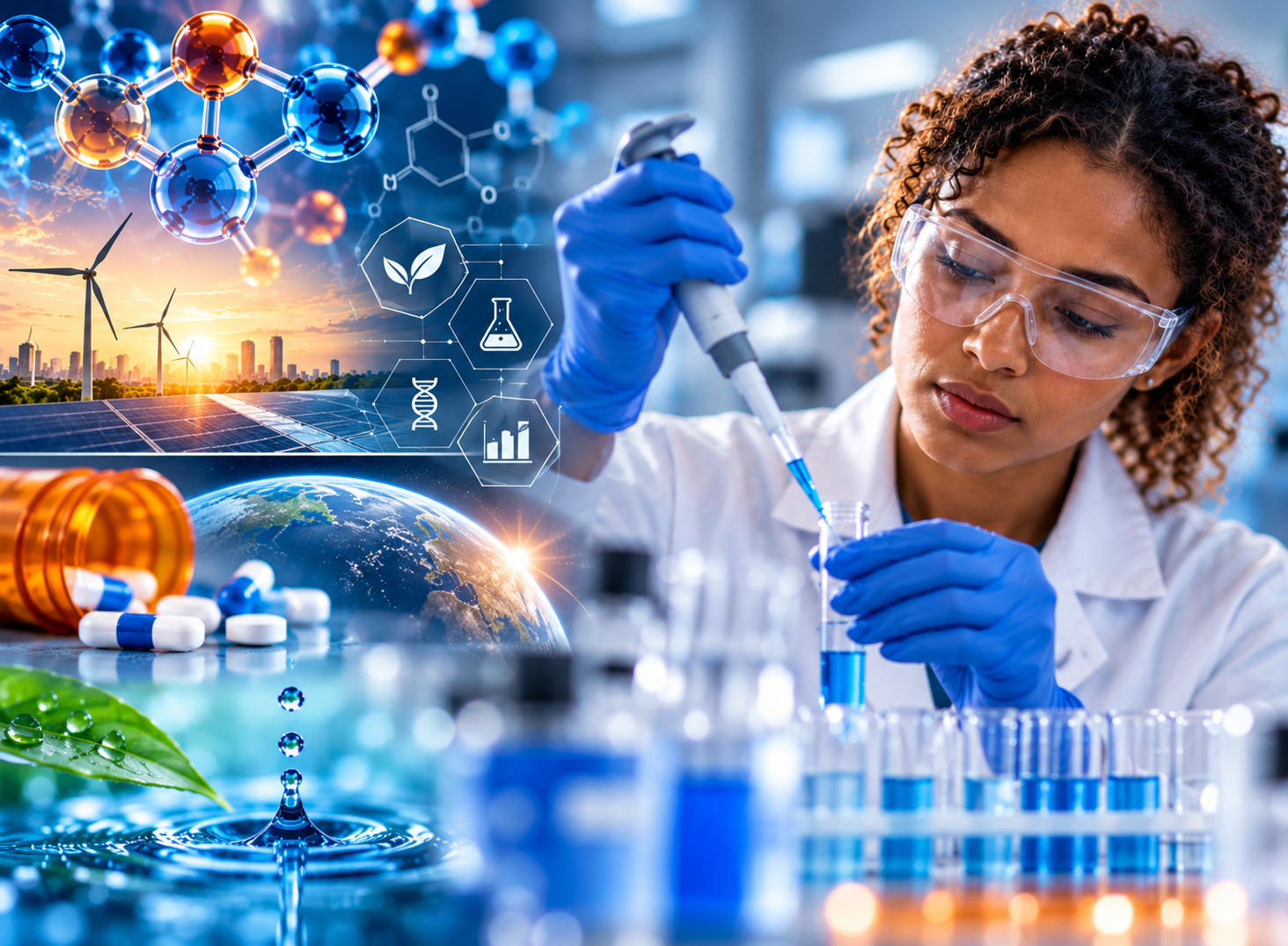 A scientist uses a pipette in a laboratory alongside a collage featuring molecular structures, renewable energy, pharmaceuticals, Earth, and environmental research.