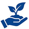 A blue hand holding a blue plant icon.