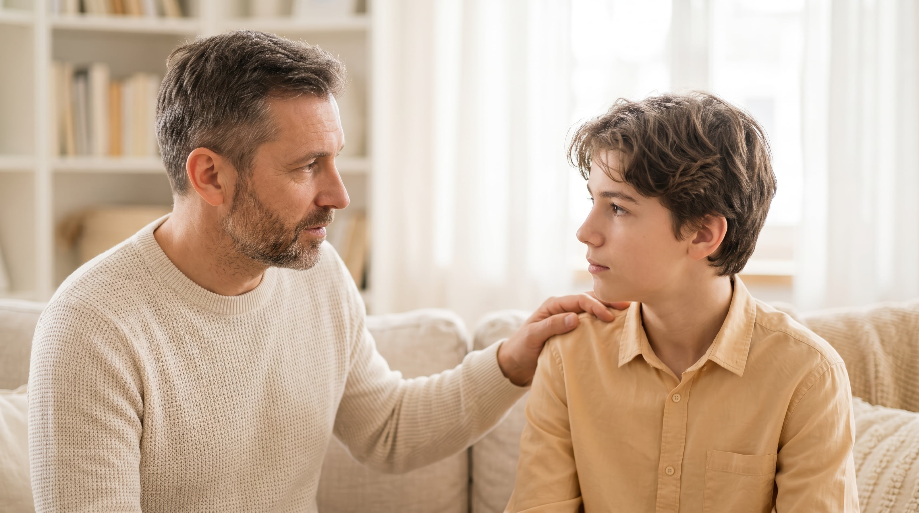 Father having conversation with his teenage son.