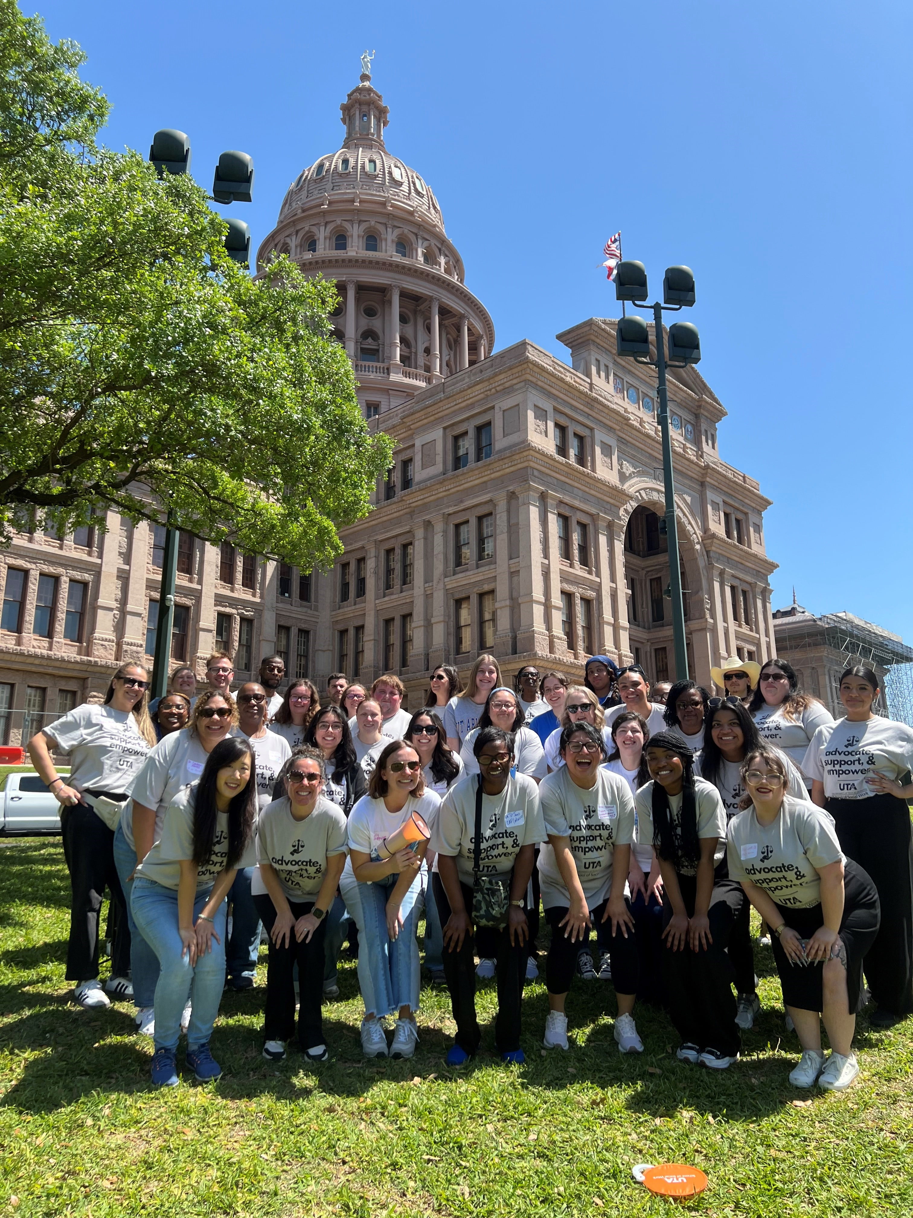 A group of people standing outside of the Austin capitol during Social Work Advocacy Day