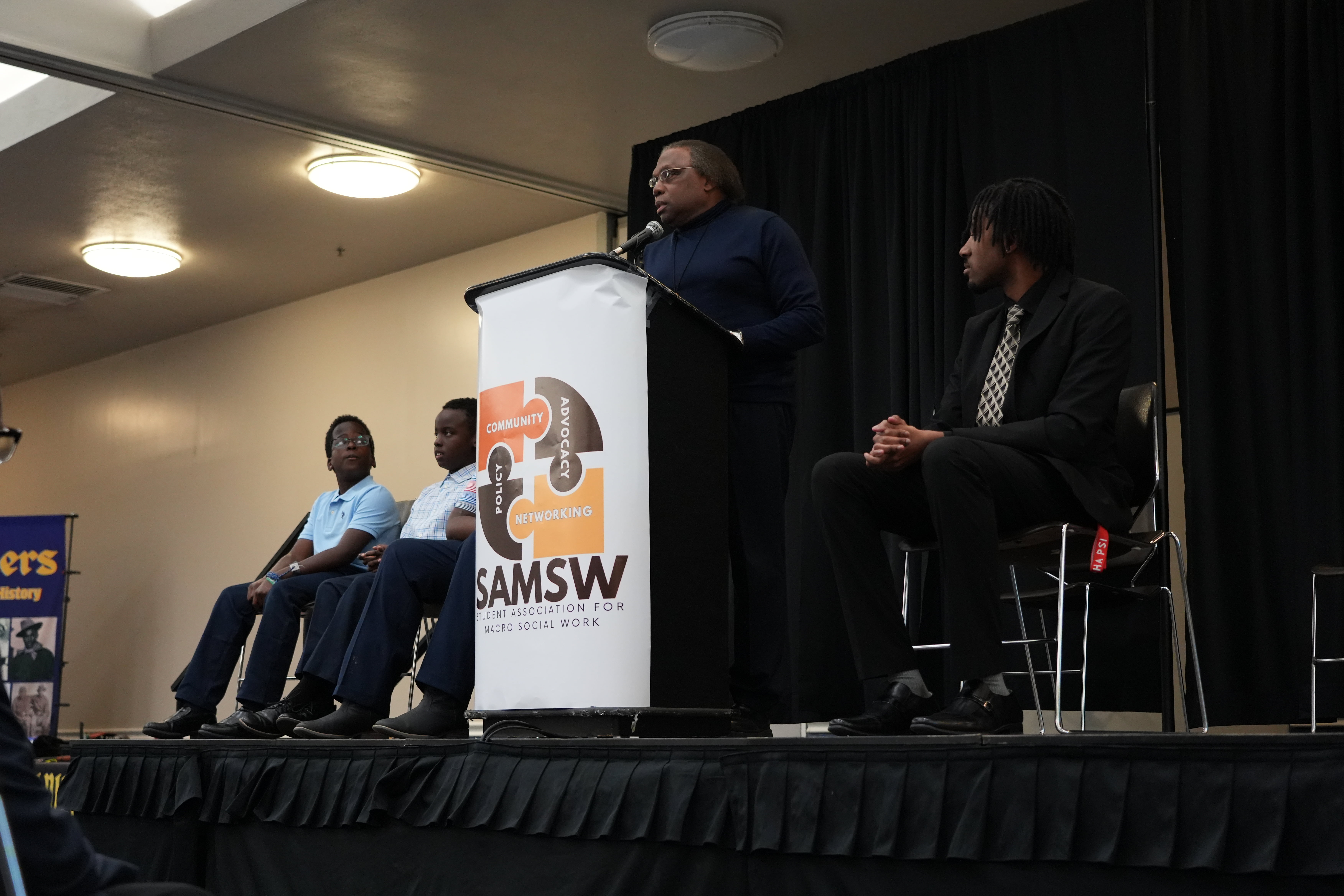 Mr. Curtis King, Founder and President of The Black Academy of Arts and Letters (TBAAL) speaks during the Student Association for Macro Social Work (SAMSW) Black History Month celebration at the University of Texas at Arlington. (Photo by Jaelon Jackson)
