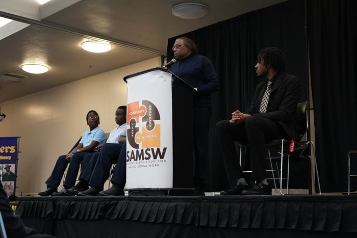 Mr. Curtis King, Founder and President of The Black Academy of Arts and Letters (TBAAL) speaks during the Student Association for Macro Social Work (SAMSW) Black History Month celebration at the University of Texas at Arlington. (Photo by Jaelon Jackson)
