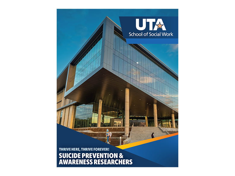 Suicide Prevention and Awareness Researchers brochure with the front entrance of the School of Social Work and Smart Hospital building.