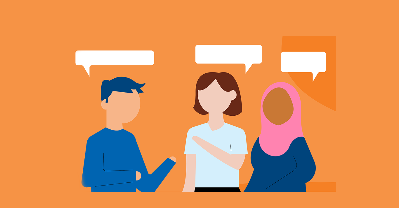 Graphics of people having a conversation with speech bubbles 