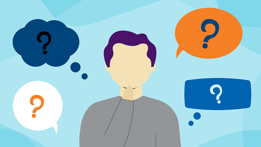 graphic of a person with speech bubbles filled with question marks