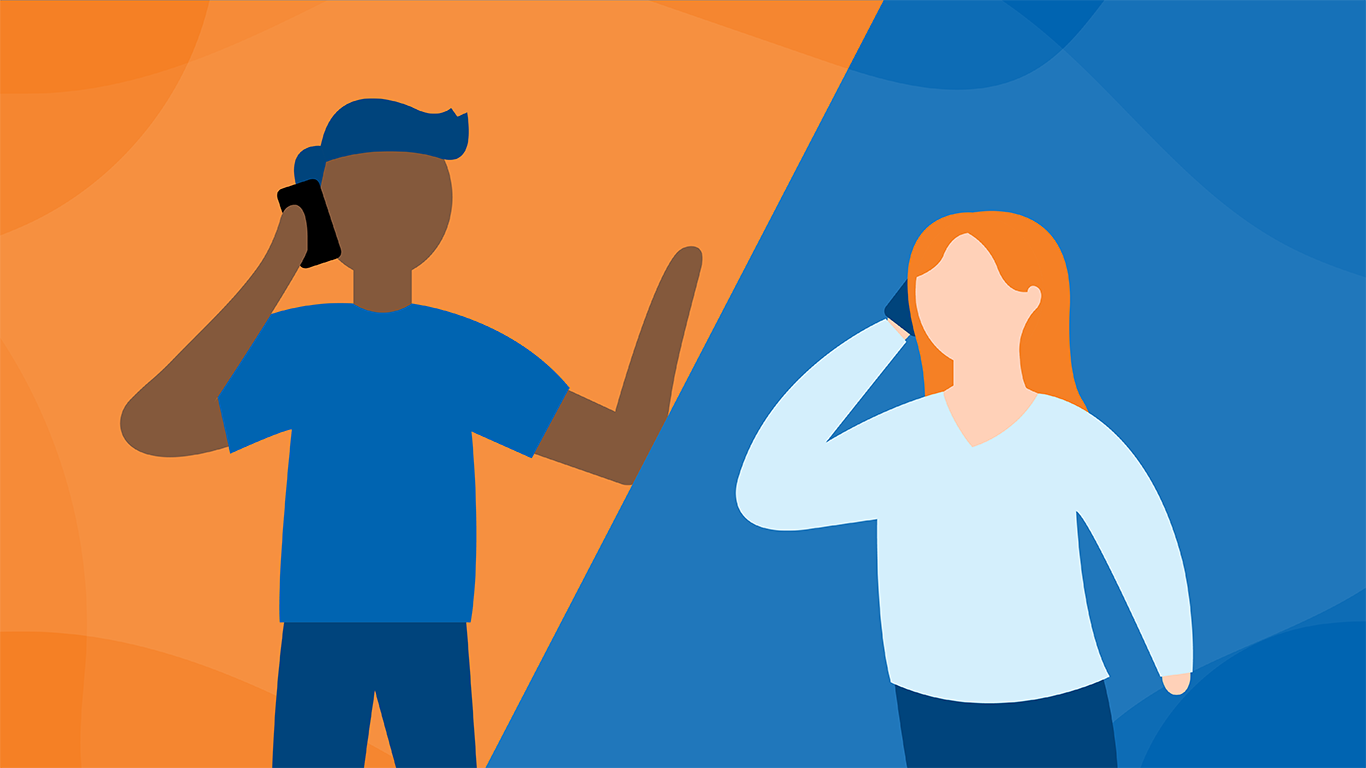 Graphics of two students on a call