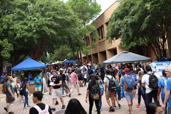 Outside the UC with popup tents hosting organizations
