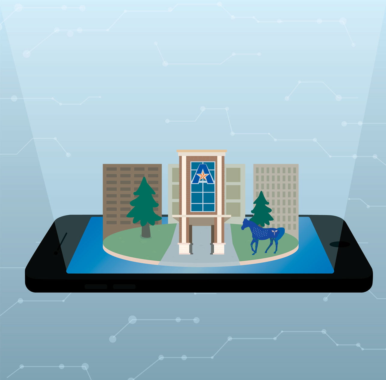 An Icon of UTA Campus on a giant cell phone.