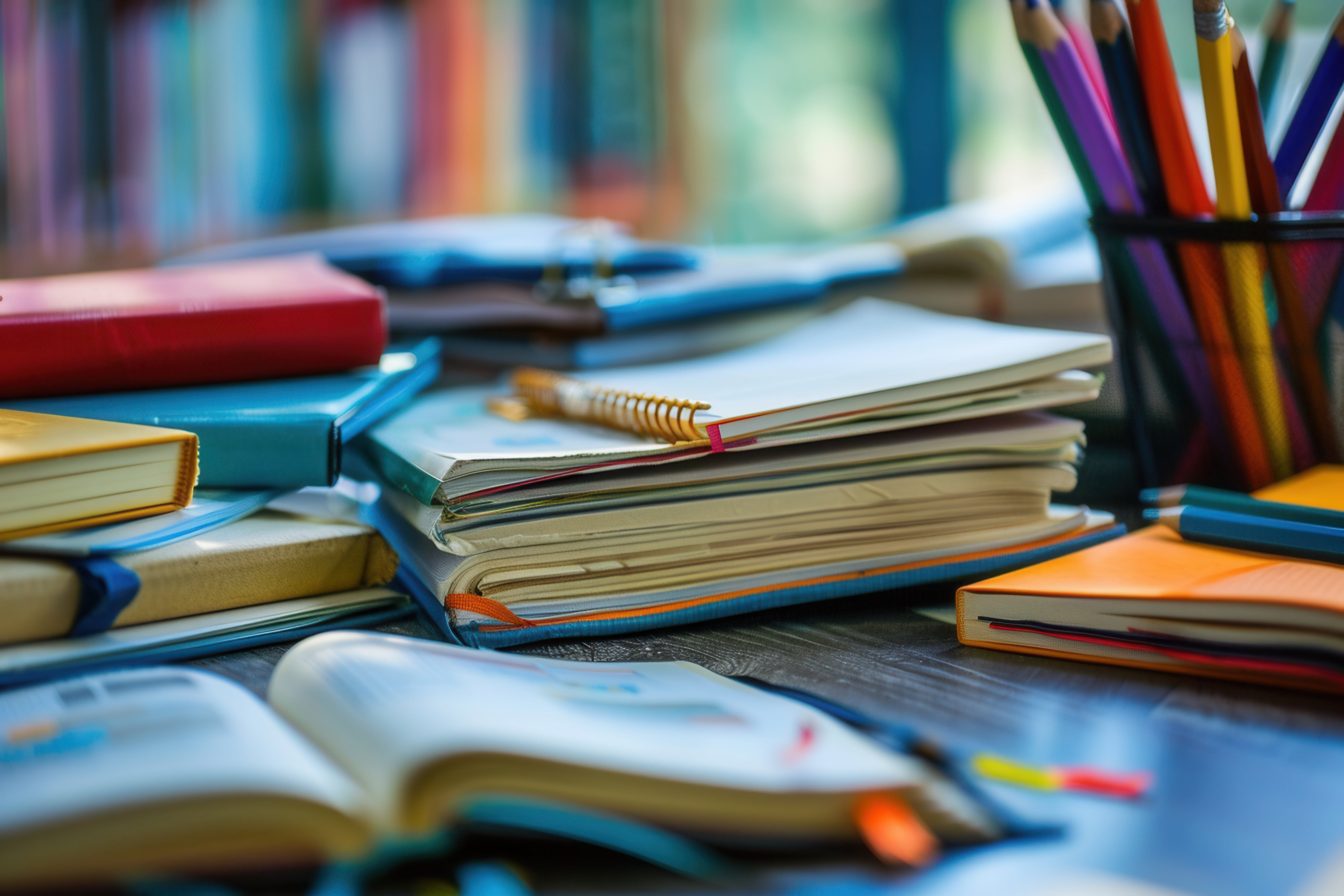 A well-organized study desk with a variety of textbooks, notebooks, pens, and pencils. Ideal for tutoring services and educational centers