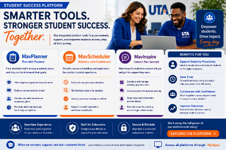 UTA Student Success Platform infographic shows diverse students with a laptop and tools MyPlanner, MyScheduler, and MyInspire, conveying support.