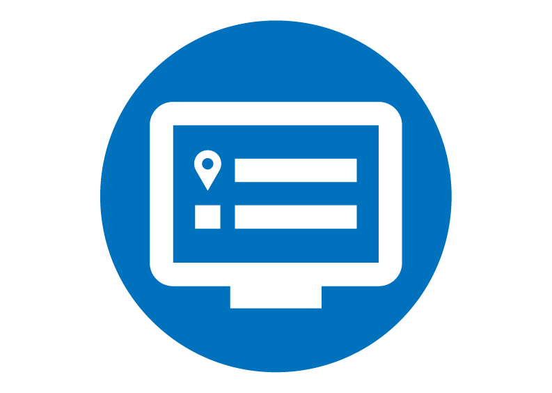 This icon shows a desktop computer screen open to a location pin and few blocks representing text.