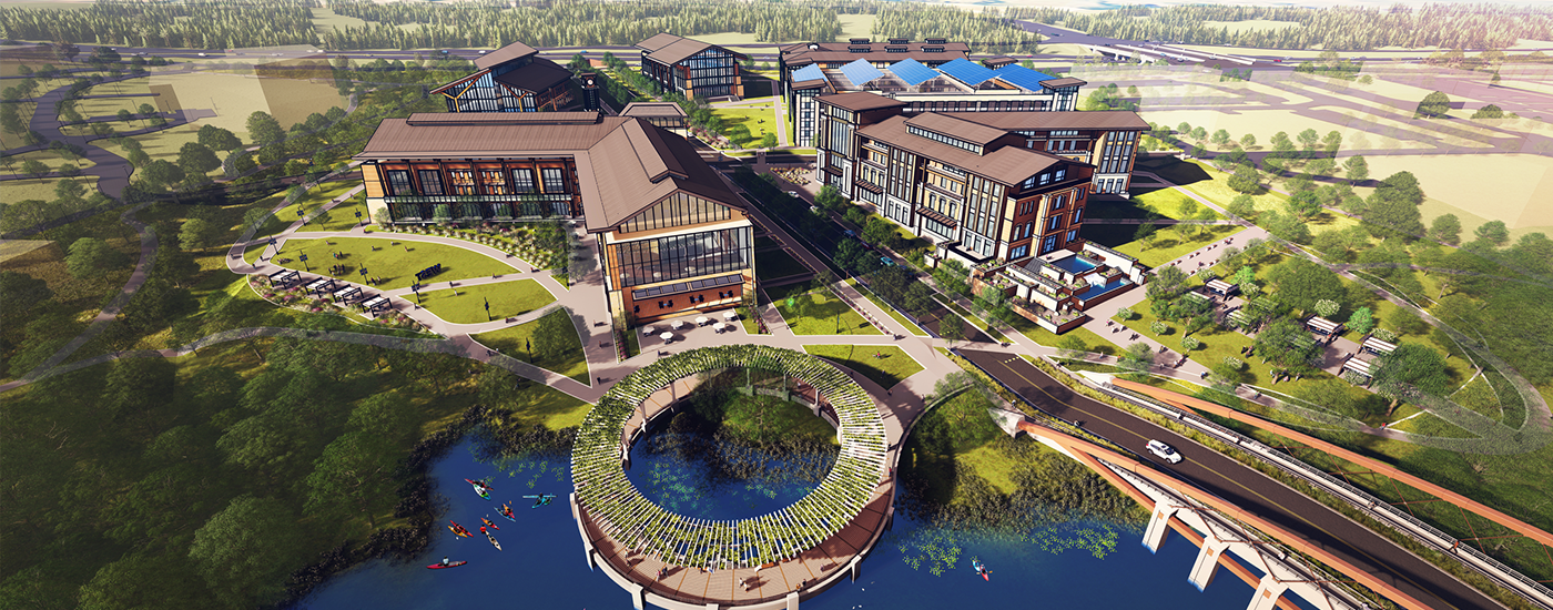 Artist's rendering of the new UTA West campus overlooking a small lake with kayakers in the water
