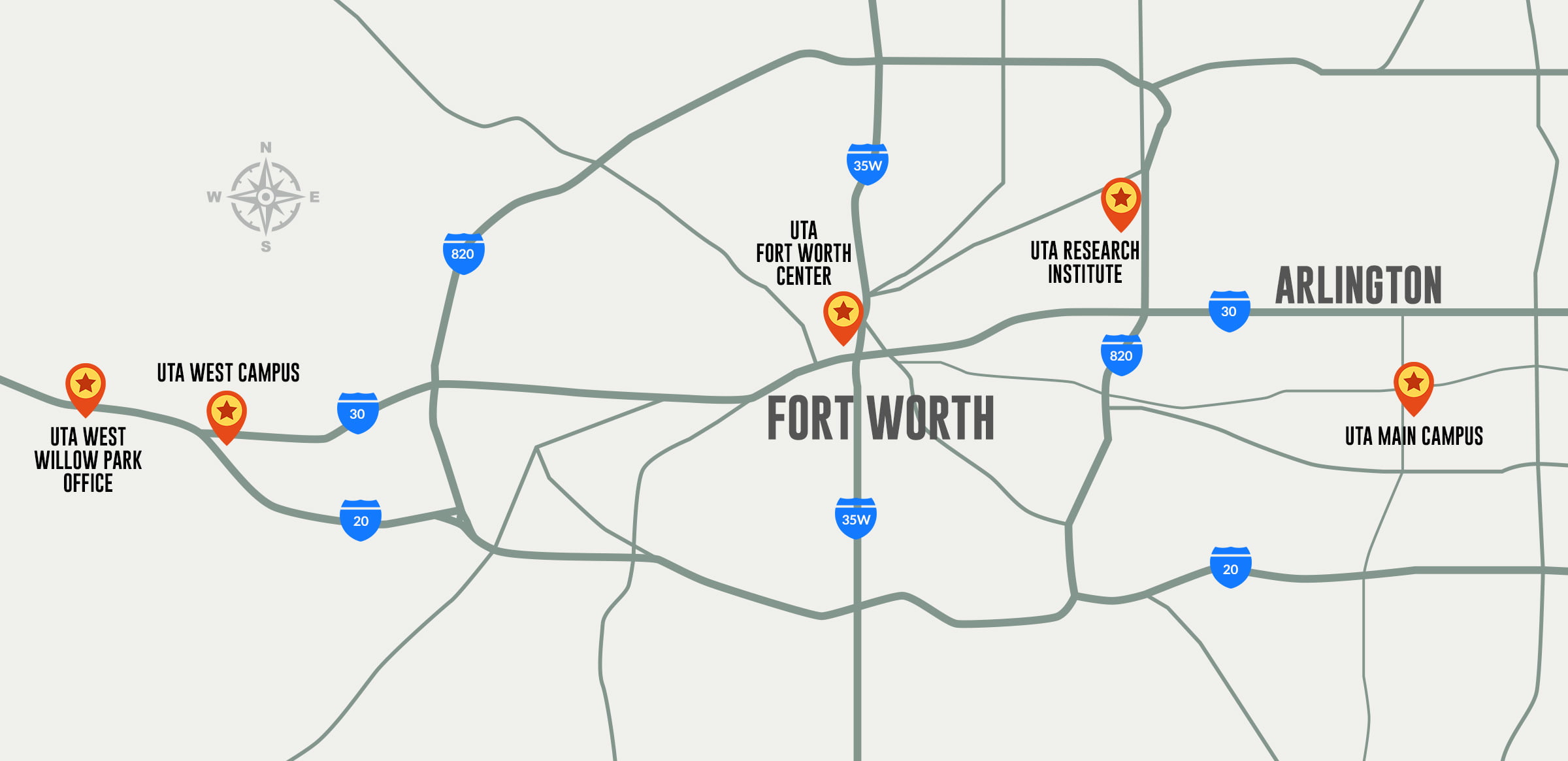 A map showing all of U T A campuses in Fort Worth